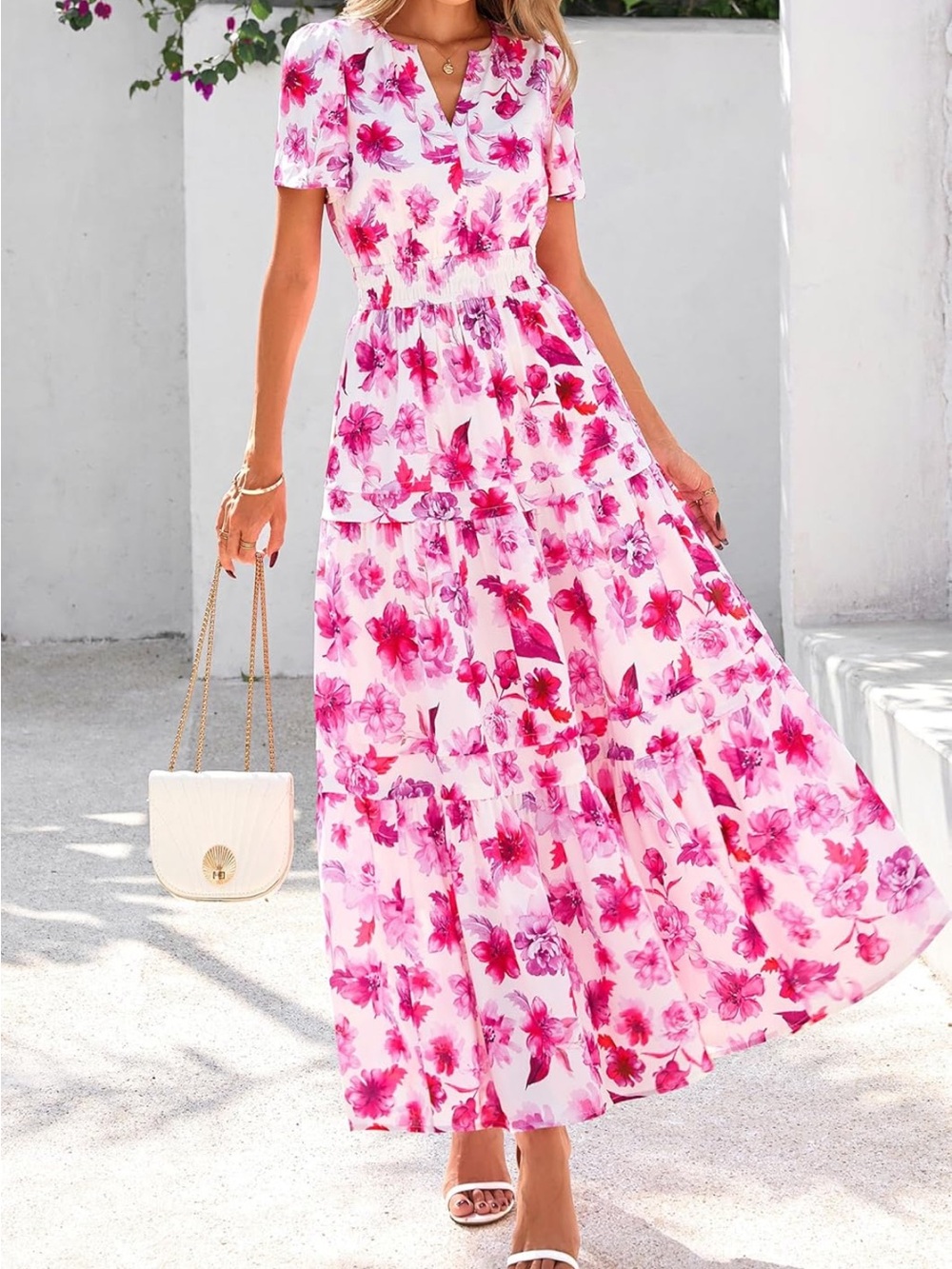 #76 Pretty Garden Floral Pink Maxi Dress with Short Sleeves V Neck A Line Tiered